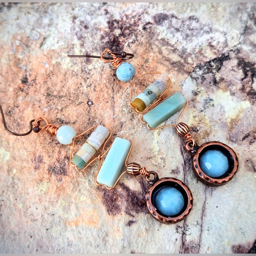 Natural Amazonite In The Scythian Spirit Set In Antique Copper Artifact Earrings - Picture 3 of 11